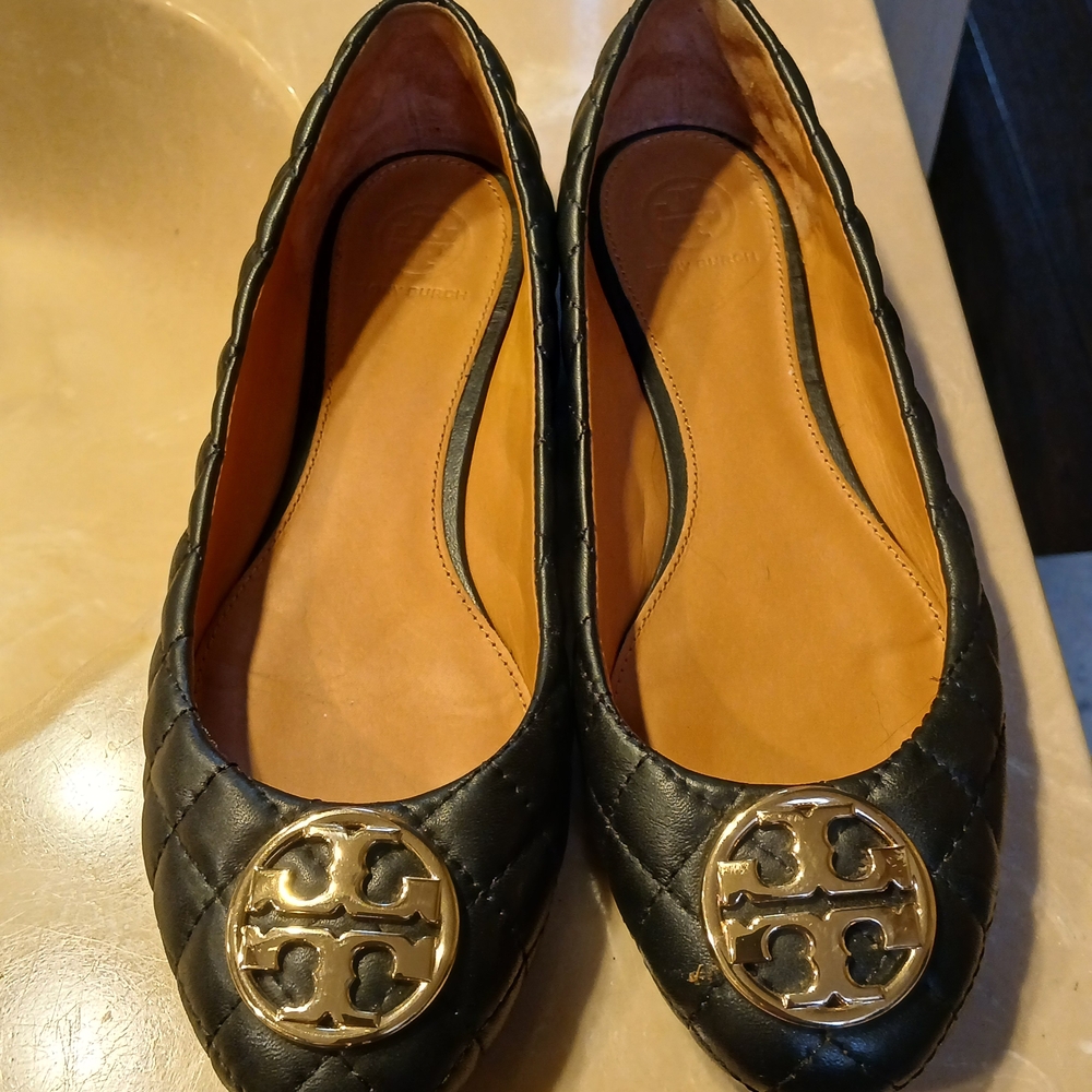 Tory Burch Black Quilted Flats with Gold Emblem